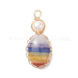 Chakra Natural Mixed Gemstone Copper Wire Wrapped Pendants, with Natural Freshwater Pearl Beads, Oval with Round Charms, Light Gold, 33x14.5x7mm, Hole: 3mm