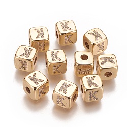 Perles de zircone cubique micro pave en Laiton, trou horizontal, véritable 18k plaqué or, Plaqué longue durée, cube avec la lettre, clair, letter.k, 9x9x9mm, Trou: 3.5mm