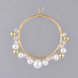 Pendente in ottone, con perle di vetro rondelle, perline di perla di vetro, filo di rame, anelli di collegamento in ottone e perle tonde, oro, 41.5x39x6mm, Foro: 2.5 mm