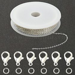 Kit de fabrication de collier de bracelet de chaîne de bricolage, y compris les chaînes à maillons en forme de cœur en laiton et les anneaux ouverts, Fermoir pince de homard en alliage de zinc, couleur d'argent, chaîne: 3 m / ensemble