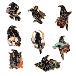 8 pin de esmalte de pájaro cuervo de 8 estilos., broche de esmalte de aleación para ropa de mochila, la luz de oro, color mezclado, 28~36x19~25x10mm, pin: 1 mm, 1pc / estilo