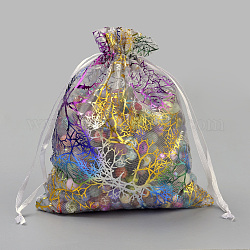Pochette organza pour cadeaux, sacs à cordonnet, avec motif corail coloré, rectangle, blanc, 18x13 cm