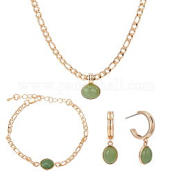 Anattasoul collares con colgante ovalado de aventurina verde natural chapado en oro real de 18k, aretes y pulsera de eslabones, conjunto de joyas de moda, real 18k chapado en oro, 497mm, 173mm, 32.5x9.5mm