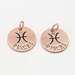 Alloy Pendants, with Rhinestone, Flat Round, with Constellation/Zodiac Sign, Rose Gold, Pisces, 22x2.5mm, Hole: 5.5mm
