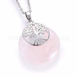 Natural Rose Quartz Pendant Necklaces, with 304 Stainless Steel Findings, Flat Round with Tree, 19.68 inch(50cm), Pendant: 40x28x6mm
