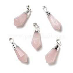Naturelle quartz rose a pendentifs, avec les accessoires en laiton de tonalité argent, balle, 35~36.5x13~13.5x12mm, Trou: 5x7mm
