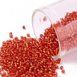 Cuentas de semillas redondas toho, Abalorios de la semilla japonés, (25f) rubí siam claro escarchado forrado en plata, 15/0, 1.5mm, agujero: 0.7 mm, acerca 3000pcs / botella, 10 g / botella