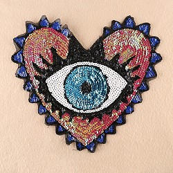 Panno ricamato computerizzato per cucire le toppe, accessori costume, applique paillette, cuore con occhio, rosa intenso, 31x35cm