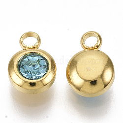 Charms di strass, incanti di marzo birthstone, con 201 in acciaio inox, rotondo e piatto, oro, acquamarina, 9x6.5x4mm, Foro: 1.8 mm