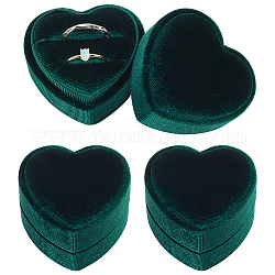 Caja de almacenamiento de anillos de pareja de cartón cubierto de terciopelo corazón, estuche de doble anillo para boda, favor de regalo de compromiso, verde oscuro, 5.4x5.6x4.1 cm