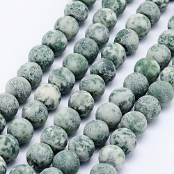 Natural Green Spot Jasper Beads Strands, Frosted, Round, 7.5~8mm, Hole: 1mm, about 46pcs/strand, 15.3 inch(39cm)
