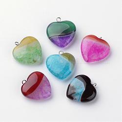 Dyed Natural Agate Pendants, Heart, Mixed Color, 21.5~23x20~20.5x6.5~7.5mm, Hole: 2mm