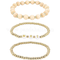 Benecreat 6pcs 3 style mot mme ensemble de bracelets extensibles, Perles en laiton, bracelets en bois naturel non fini et laiton et acrylique pour femmes, or, diamètre intérieur: 2-1/8 pouce (5.5 cm), 2 pièces / style