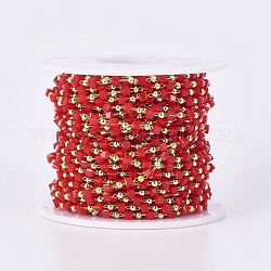 Chaînes de perles en verre manuels, soudé, avec les accessoires en laiton, avec bobine, Plaqué longue durée, or, cube, rouge, 2.3~2.8x2.3~2.8x2.3~2.8mm, 2mm, environ 32.8 pied (10 m)/rouleau