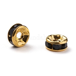 Brass Grade A Rhinestone Spacer Beads, Golden Plated, Rondelle, Nickel Free, Jet, 6x3mm, Hole: 1mm