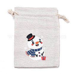 クリスマスコットンクロス収納ポーチ  長方形巾着袋  キャンディーギフトバッグ用  雪だるま模様  13.8x10x0.1cm