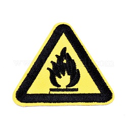Tissu de broderie informatisé fer/coudre sur les patchs, accessoires de costumes, triangle avec panneau d'avertissement, avertissement incendie, jaune, 50.5x45.5x1.3mm