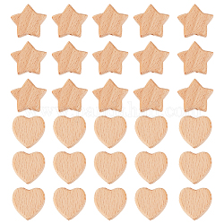 Olycraft 30 pièce de 2 styles de perles en bois naturel en forme d'étoile et de cœur, perles en bois inachevé, perles d'espacement en bois non teint avec trou de 3 mm pour la fabrication de bijoux artisanaux faits à la main