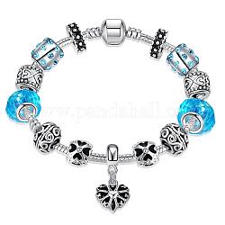 Messing wulstige europäische Armbänder, mit Glas europäischen Perlen und Strass-Steinen tschechisch, Deep-Sky-blau, Antik Silber Farbe, 7-7/8 Zoll (20 cm)