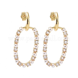 Orecchini pendenti ovali con zirconi cubici trasparenti con perla di plastica con perline, gioielli in ottone per le donne, vero placcato oro 18k, 36.5mm, ago :0.7mm
