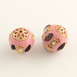 Round Handmade Rhinestone Indonesia Beads, with Golden Tone Alloy Cores, Pink, 18~20mm, Hole: 2mm