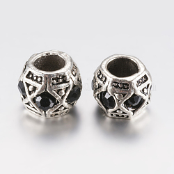 Perle europee di strass in lega di stile tibetano, perline con foro grande, barile, argento antico, nero, 10x8mm, Foro: 5 mm