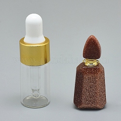 Pendentifs de bouteille de parfum à facettes synthétiques goldstone, avec des accessoires en laiton et des bouteilles d'huile essentielle en verre, 30~40x14~18x11~14mm, Trou: 0.8mm, capacité de la bouteille en verre : 3 ml (0.101 fl. oz), capacité de pierres précieuses: 1 ml (0.03 fl. oz)