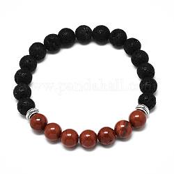 Perles naturelles jaspe rouge étirer bracelets, avec des perles de pierre de lave synthétique et des perles en alliage, ronde, diamètre intérieur: 2-1/8 pouces (5.5 cm), perles: 8.5 mm