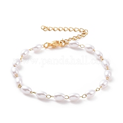 Bracelets en perles d'imitation en plastique de riz, avec placage sous vide 304 gourmettes en acier inoxydable, blanc, or, 6-3/8 pouce (16.3 cm)