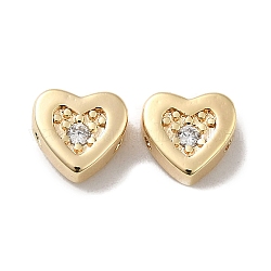 Perle in ottone placcato oro 18k reale, con vetro, cuore, chiaro, 7x7.5x3.5mm, Foro: 1 mm
