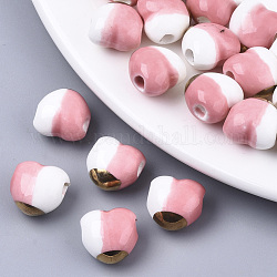Perle di porcellana fatte a mano bicolore, ornamentali d'oro, cuore, roso, 14x14x10mm, Foro: 3 mm
