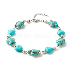 Bracelet de cheville perlé turquoise synthétique cœur et tortue, bracelet de cheville réglable pour femme, platine, cyan, 10 pouce (25.5 cm)