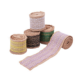 Burlap Ribbon, Hessian Ribbon, Jute Ribbon, with Lace, for Jewelry Making, Mixed Color, 2-1/8 inch(55mm), about 2m/roll, 5rolls/set