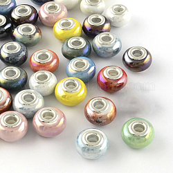 Rondelle ab-Farbe handgemachtes Porzellan europäischen Perlen, mit versilberten Messingkernen, Großloch perlen, Mischfarbe, 14~16x9~10 mm, Bohrung: 5 mm