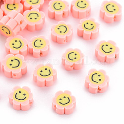 Perles en pâte polymère manuel, fleur avec le visage souriant, rose, 9~10x8~9x4~5mm, Trou: 1.4~1.6mm