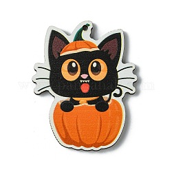 Gros pendentifs en bois imprimé simple face halloween, forme de chat avec breloques citrouille, tomate, 54.5x43x2.5mm, Trou: 2.5mm