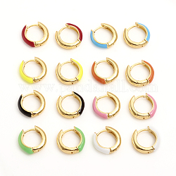 Серьги-кольца Huggie из латуни с эмалью, кольцо, золотые, разноцветные, 14x3.5 мм, штифты : 1 мм