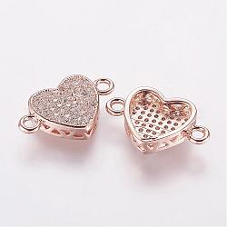 Brass Micro Pave Cubic Zirconia Links, Heart, Rose Gold, 18x11.5x4mm, Hole: 2mm