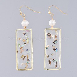 Dangle Earrings, with Epoxy Resin, Shell, Natural Pearl, Alloy Findings and Brass Earring Hooks, Rectangle, Real 18K Gold Plated, 66mm, Pin: 0.6mm