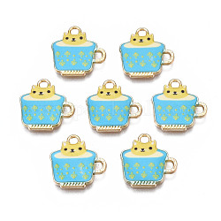 Rack Plating Alloy Enamel Charms, Free & Nickel Free & Lead Free, Cup with Cat, Dark Turquoise, 15x15x1.9mm, Hole: 1.8mm