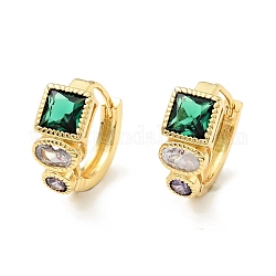 Green Cubic Zirconia Square Hoop Earrings, Rack Plating Brass Jewelry for Women, Cadmium Free & Nickel Free & Lead Free, Real 18K Gold Plated, 14x16.5x2.5mm, Pin: 0.8mm