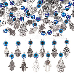 Nbeads 6 компл. 11 стиля синий сглаза подвески сплава смолы, религия, hamsa hand charms, античное серебро, 30~38 мм, Кулон : 17~26x12~18x1~2.5 мм, отверстие : 2 мм, 1шт / стиль, 11 шт / комплект