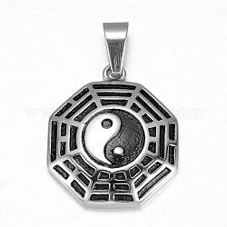 Ciondoli chirurgici in acciaio inossidabile feng shui 316, yin yang, argento antico, 29x24x5.5mm, Foro: 4x8 mm