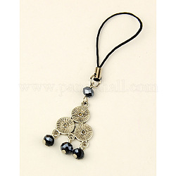 Glass Mobile Straps, with Tibetan Style Chandelier Components and Nylon Cord, Triangle, Black, 90mm