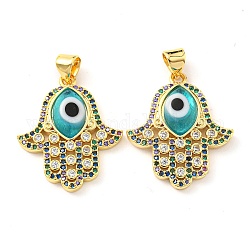 Brass Cubic Zirconia Pendants, with Lampwork, Real 18K Gold Plated, Hamsa Hand Charm, Turquoise, 24x20.5x4mm, Hole: 5x3.5mm