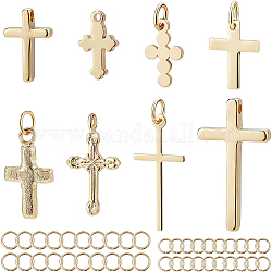 BENECREAT 16Pcs 8 Styles 18K Gold Plated Cross Pendants Brass Pendants and 40Pcs 2 Size 304 Stainless Steel Jump Rings for DIY Necklace Earrings Jewelry Making