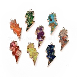 Dyed Natural Imperial Jasper Pendants, Lightning Bolt Charms, with Golden Tone Brass Findings, Mixed Color, 39.5x16.5x4mm, Hole: 1.8mm