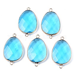 Glass Links Connectors, with Golden Plated Brass Edge and Loop, Faceted, Oval, Deep Sky Blue, 38~39x23x7mm, Hole: 2.5mm