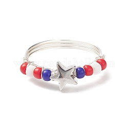 Anello da dito con perline intrecciate con semi giapponesi del giorno dell'indipendenza, gioielli avvolti in filo di stella in ottone argento per le donne, colorato, diametro interno: 18mm