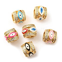 Rack Plating Brass Micro Pave Cubic Zirconia European Beads, with Enamel, Large Hole Beads, Lead Free & Cadmium Free, Barrel with Evil Eye, Real 18K Gold Plated, Mixed Color, 10x12x12mm, Hole: 5.5mm